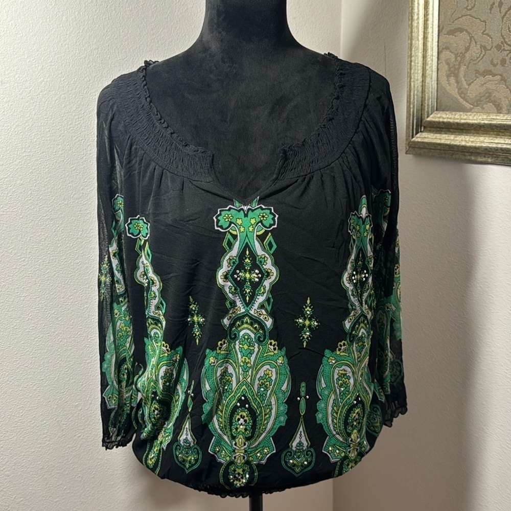 INC international concept Sz L black split smocked collar green print top blouse